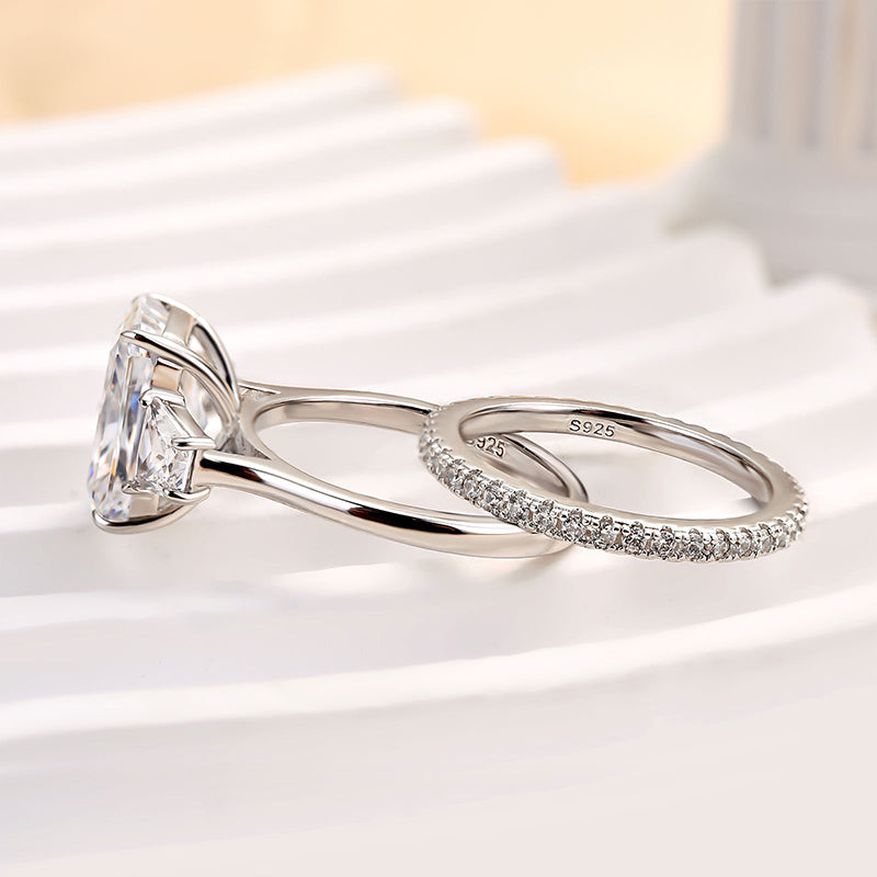 925 Sterling Silver 18K White Gold Plated 11mm Radiant Cut Three Stone Wedding Ring