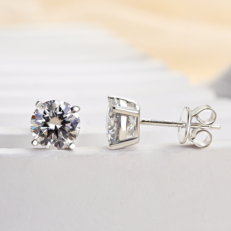 Round Moissanite Earrings in Rhodium-Plated Sterling Silver