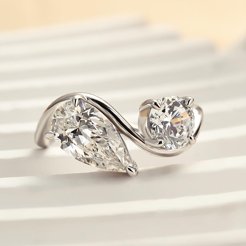 Dual Stone Promise Ring Set - Round & Pear Cut Diamonds
