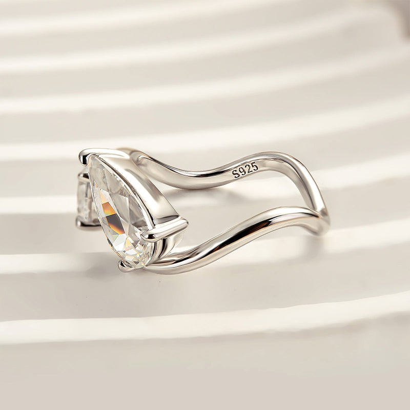 Dual Stone Promise Ring Set - Round & Pear Cut Diamonds