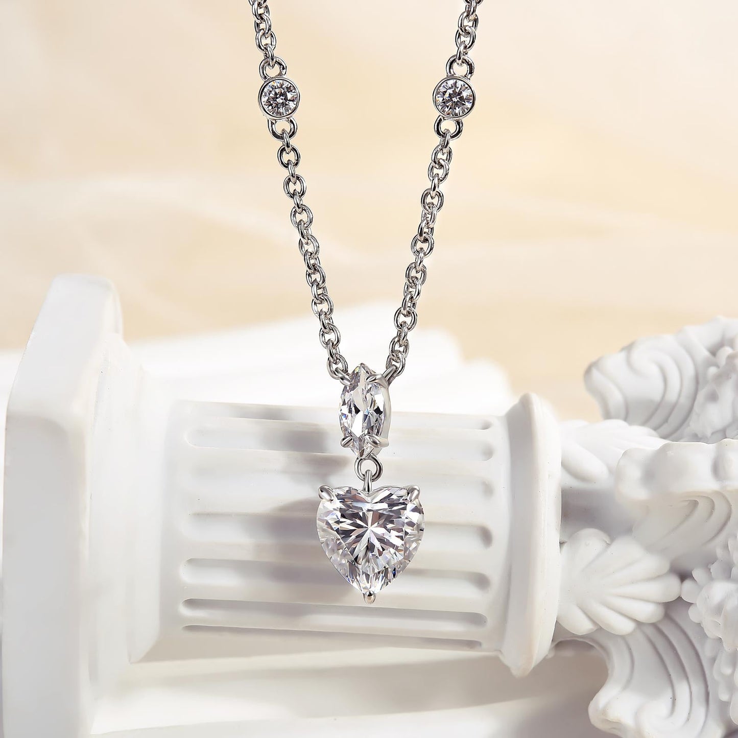 Romantic Heart-Cut Diamond Necklace – 925 Silver, 18K White Gold
