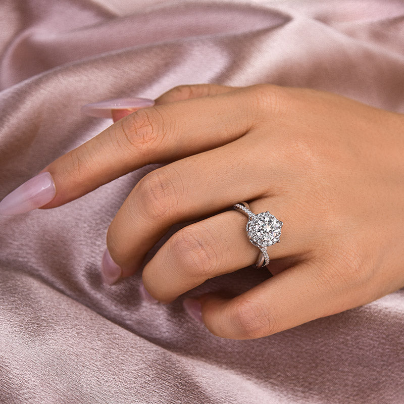 1Ct Halo Moissanite Ring - 18K White Gold