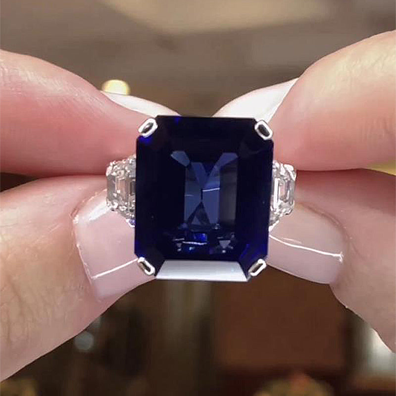 7.5Ct Blue Sapphire Emerald Cut Three Stone Ring