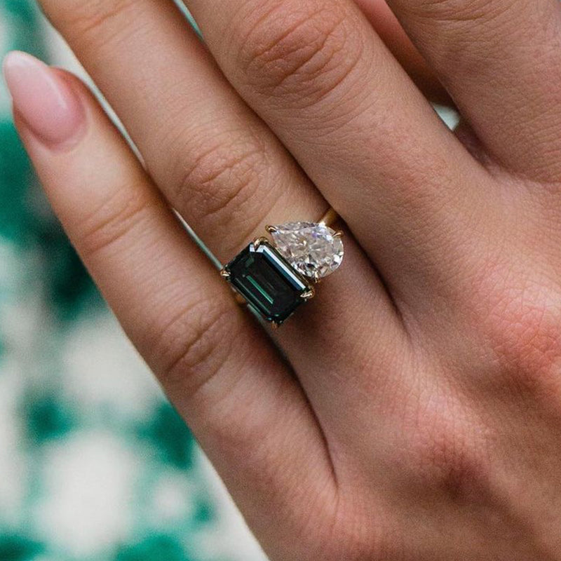 2.5Ct Emerald & 1.8Ct Pear Cut Two-Stone Ring