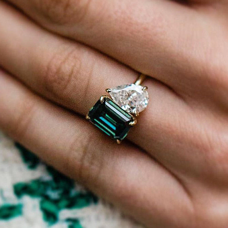 2.5Ct Emerald & 1.8Ct Pear Cut Two-Stone Ring