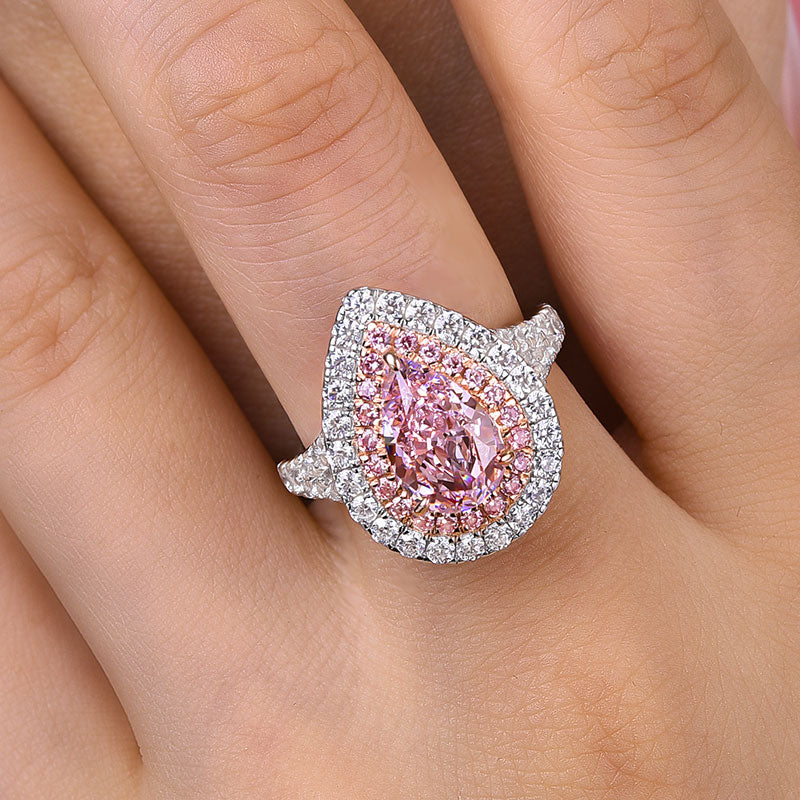 2Ct Pear Pink Sapphire Double Halo Ring 18K Rose & White Gold Plated