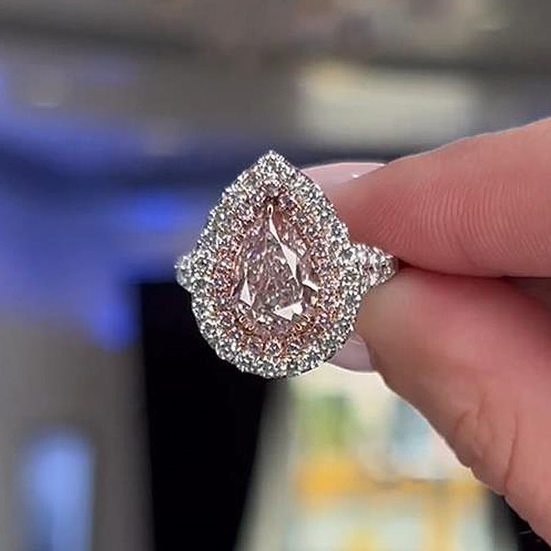 2Ct Pear Pink Sapphire Double Halo Ring 18K Rose & White Gold Plated