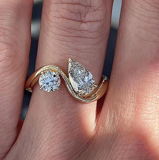 Dual Stone Promise Ring Set - Round & Pear Cut Diamonds