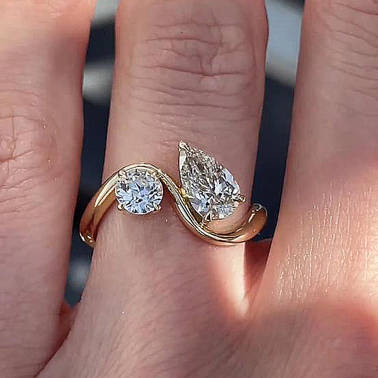 Dual Stone Promise Ring Set - Round & Pear Cut Diamonds