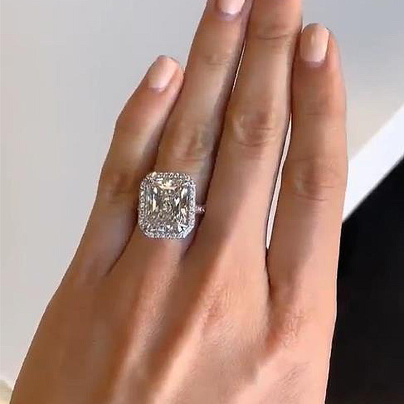 6.0 Carat Radiant Cut Diamond Halo Ring – White Gold Plated
