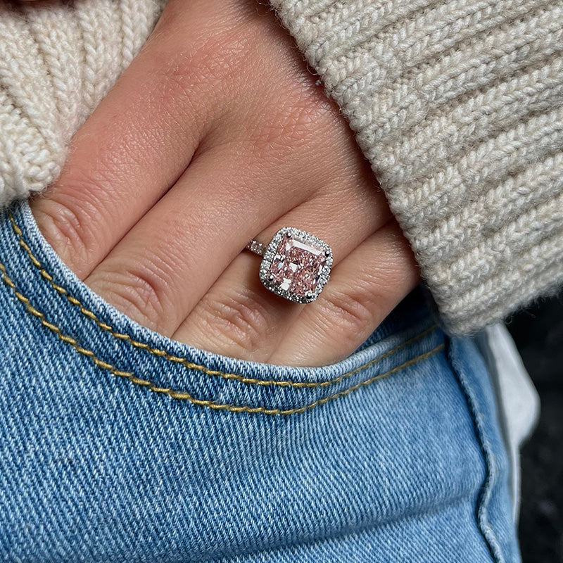 3.0Ct Radiant Cut Pink Diamond Halo Ring