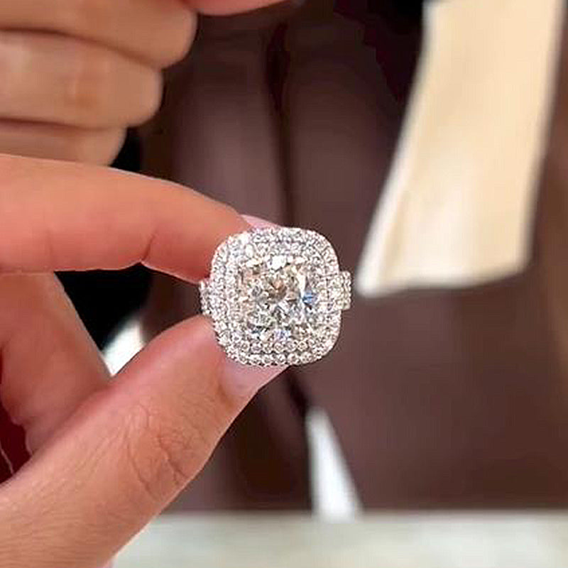 6 Carat Cushion-Cut Simulated Diamond Double Halo Engagement Ring