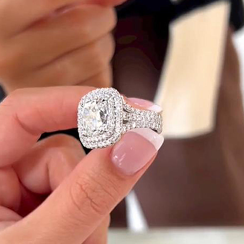 6 Carat Cushion-Cut Simulated Diamond Double Halo Engagement Ring