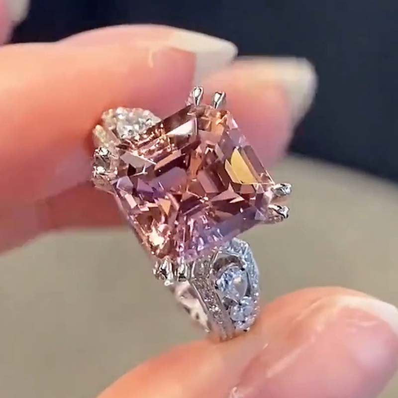 6.0Ct Asscher Cut Morganite & Diamond Halo Ring