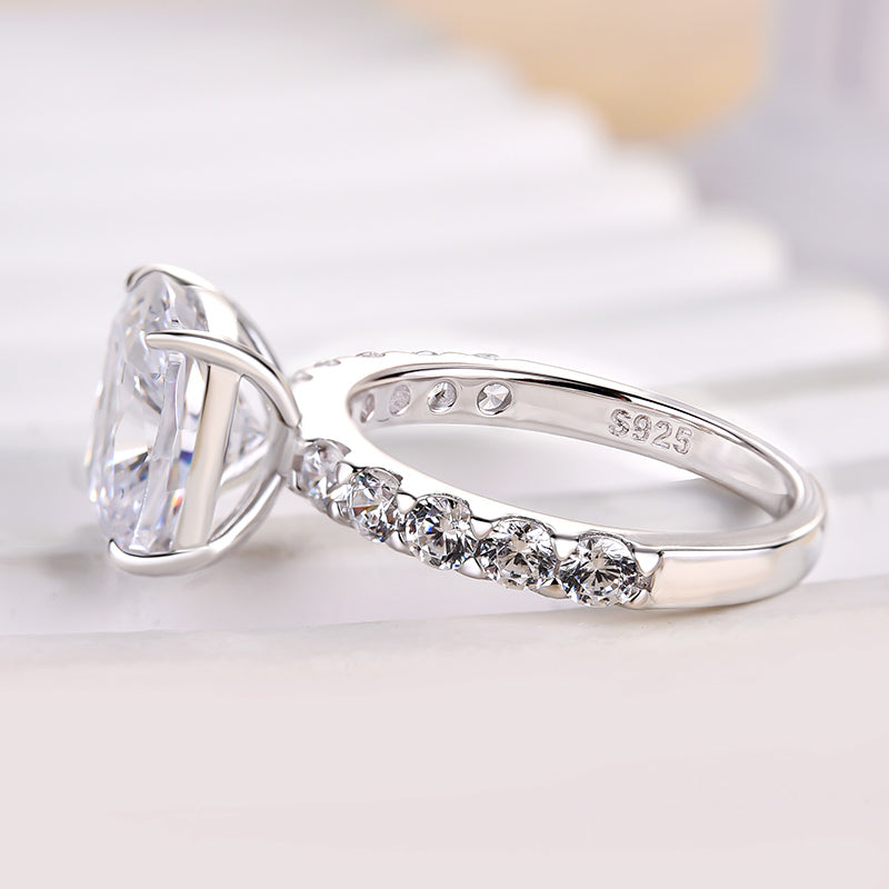 Sterling Silver Cushion Cut Sona Diamond Ring with Round Side Stones