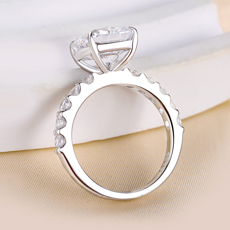 Sterling Silver Cushion Cut Sona Diamond Ring with Round Side Stones