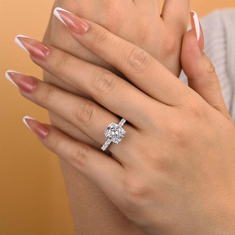 Sterling Silver Cushion Cut Sona Diamond Ring with Round Side Stones