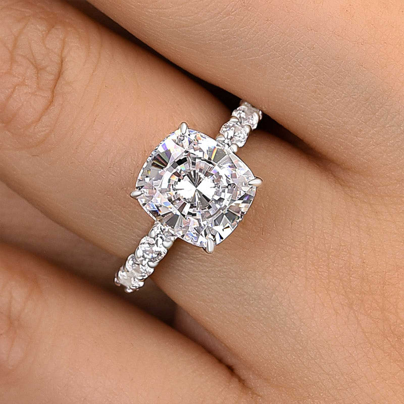 Sterling Silver Cushion Cut Sona Diamond Ring with Round Side Stones