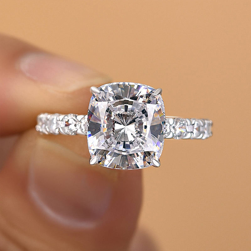 Sterling Silver Cushion Cut Sona Diamond Ring with Round Side Stones