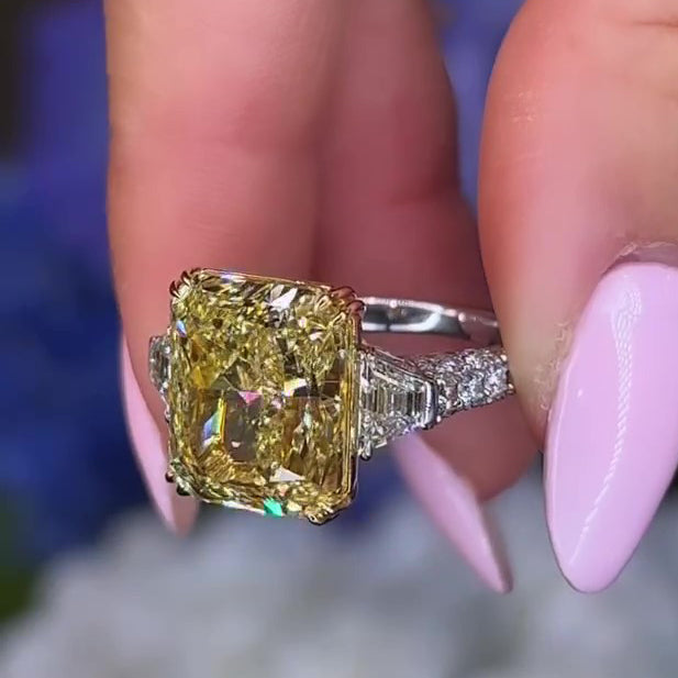 5.5ct Yellow Radiant Cut Diamond Three-Stone Ring Set