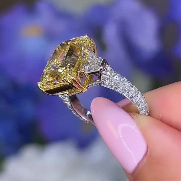 5.5ct Yellow Radiant Cut Diamond Three-Stone Ring Set