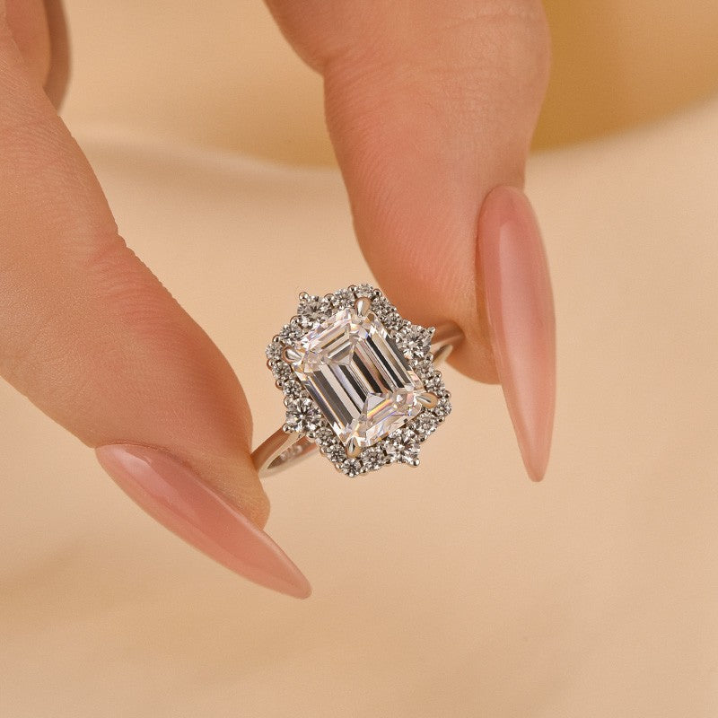 3Ct Emerald Cut Halo Ring 925 Silver White Gold