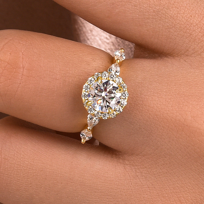 1.0CT Round Moissanite Halo Ring – Platinum Plated Silver