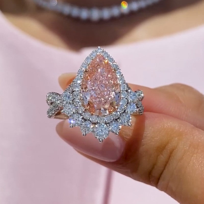 4Ct Pink Pear Cut Halo Ring 925 Silver White Gold