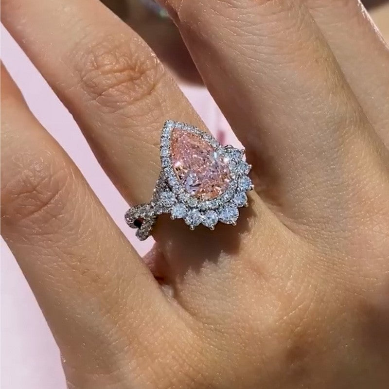 4Ct Pink Pear Cut Halo Ring 925 Silver White Gold
