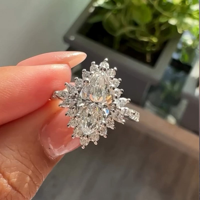 925 Sterling Silver 18K White Gold Plated 3 Carat Marquise Cut Travel Ring