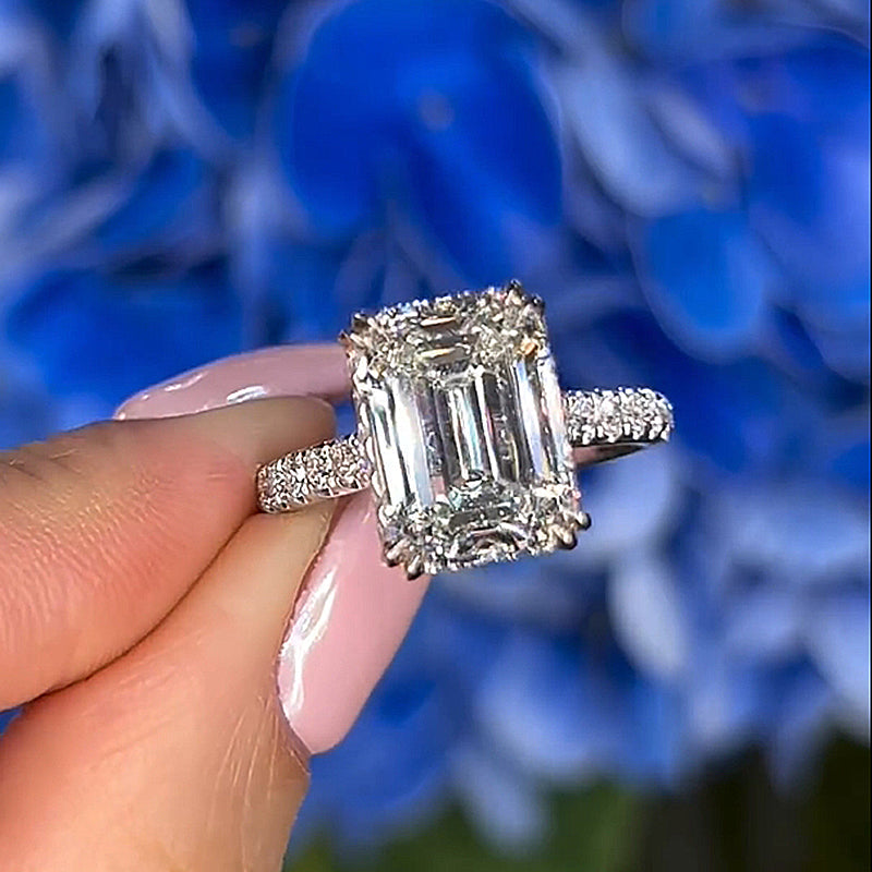 4.5Ct Emerald Cut Moissanite Ring - White Gold Plated 925 Silver