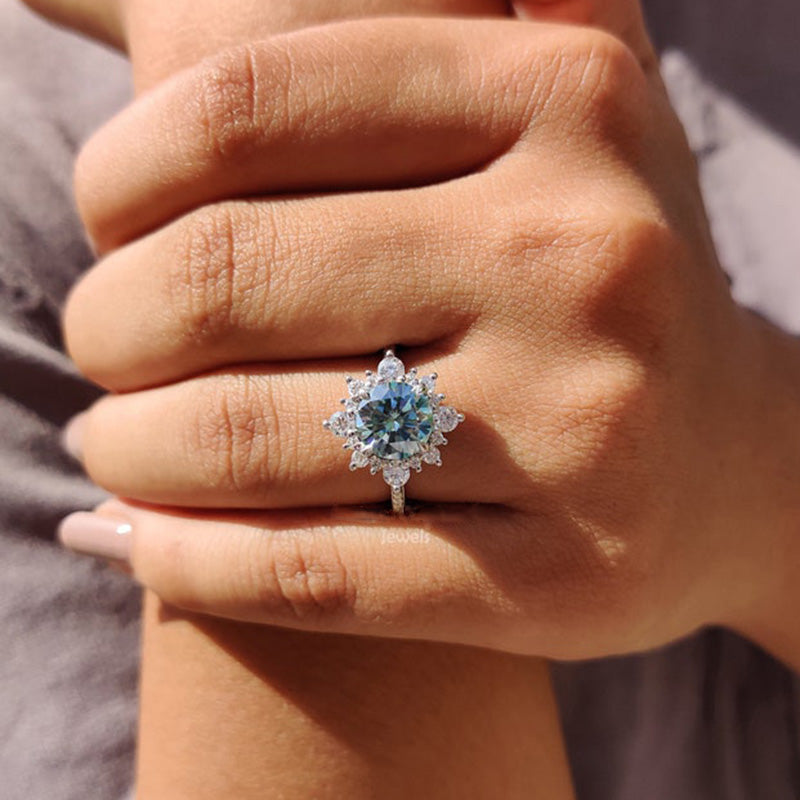 2.0 Carat Cyan Blue Moissanite Snowflake Engagement Ring