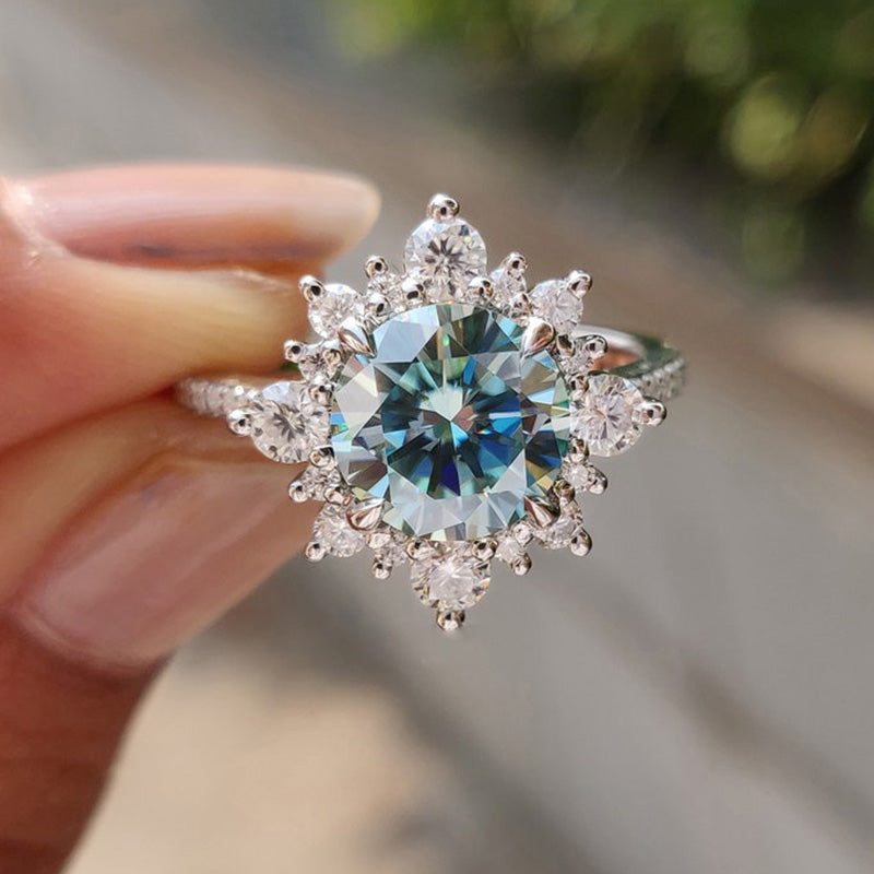 2.0 Carat Cyan Blue Moissanite Snowflake Engagement Ring