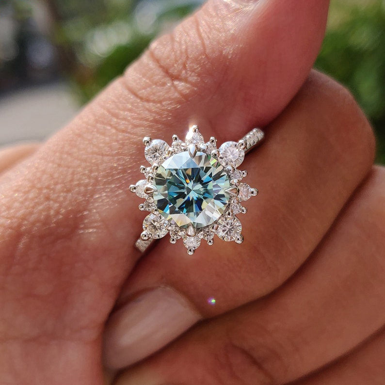 2.0 Carat Cyan Blue Moissanite Snowflake Engagement Ring