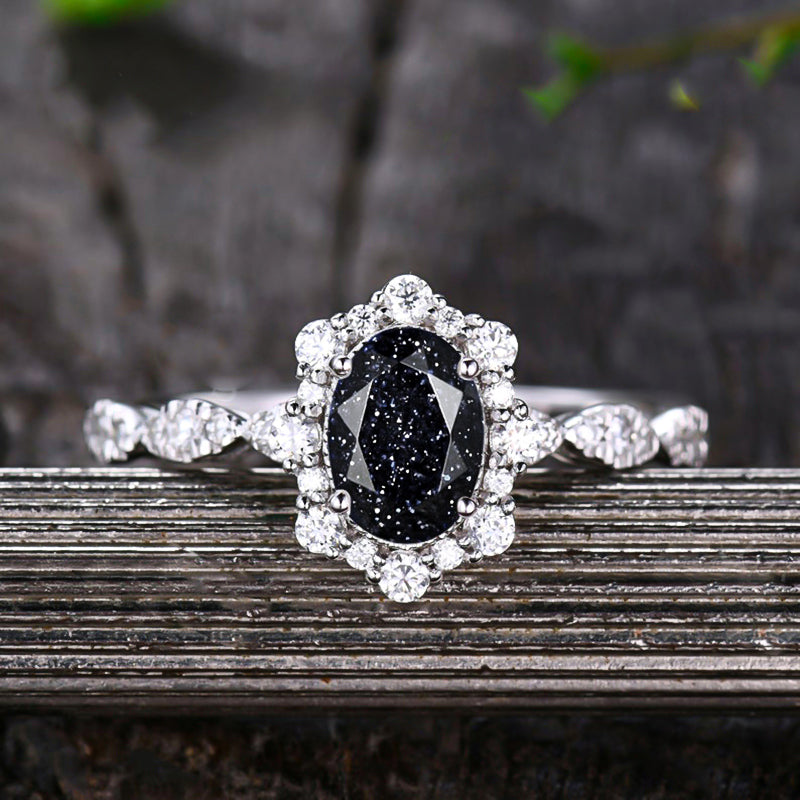 2 Carat Oval Black Sandstone Halo Engagement Ring