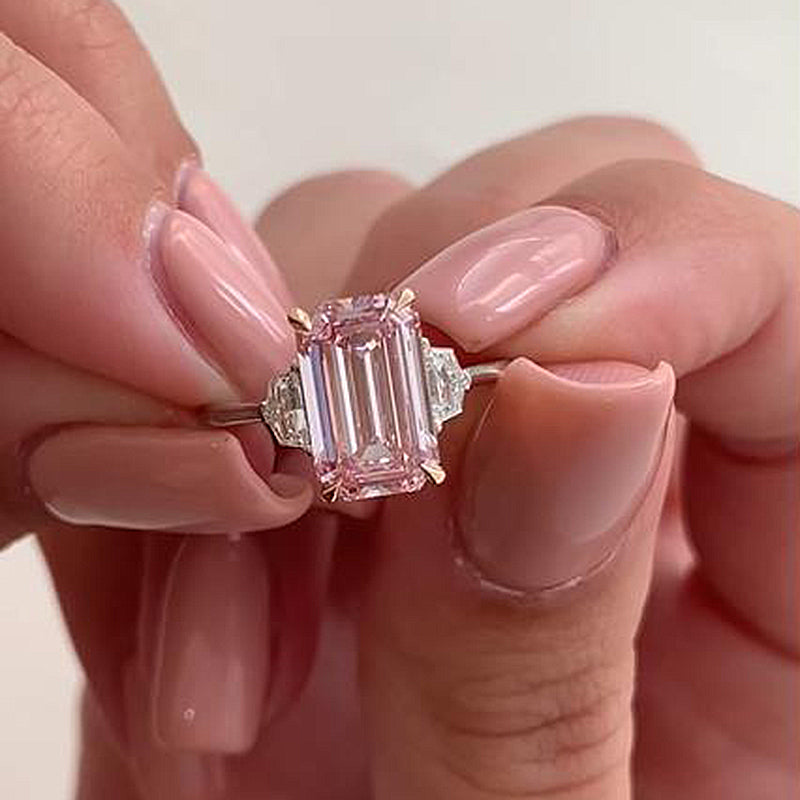 6.0ct Emerald Cut Morganite Pink Ring in 925 Silver & Dual Gold
