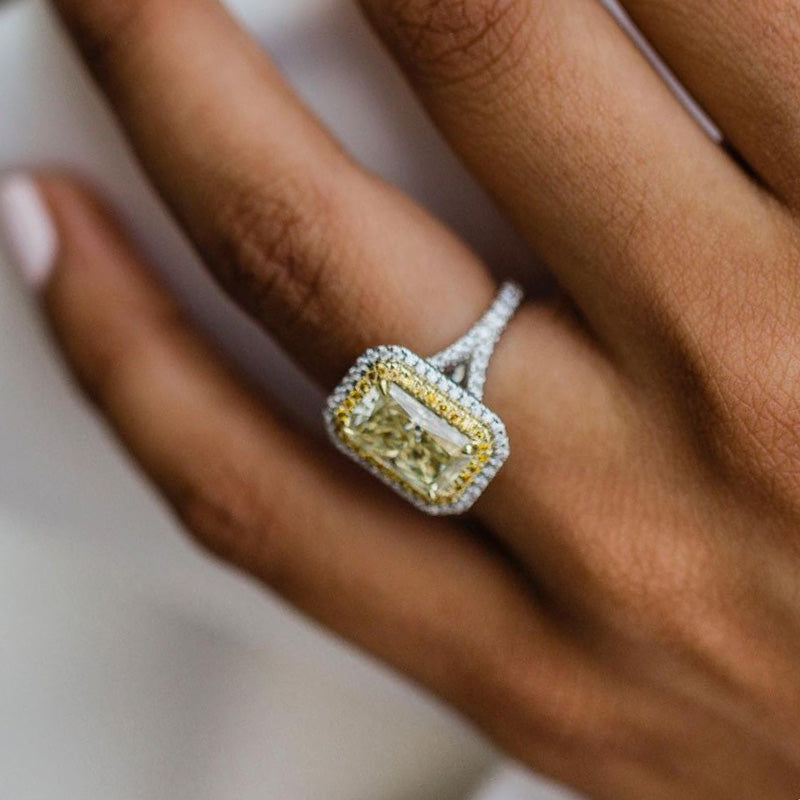 Radiant Cut Yellow Sapphire Engagement Ring Double Halo