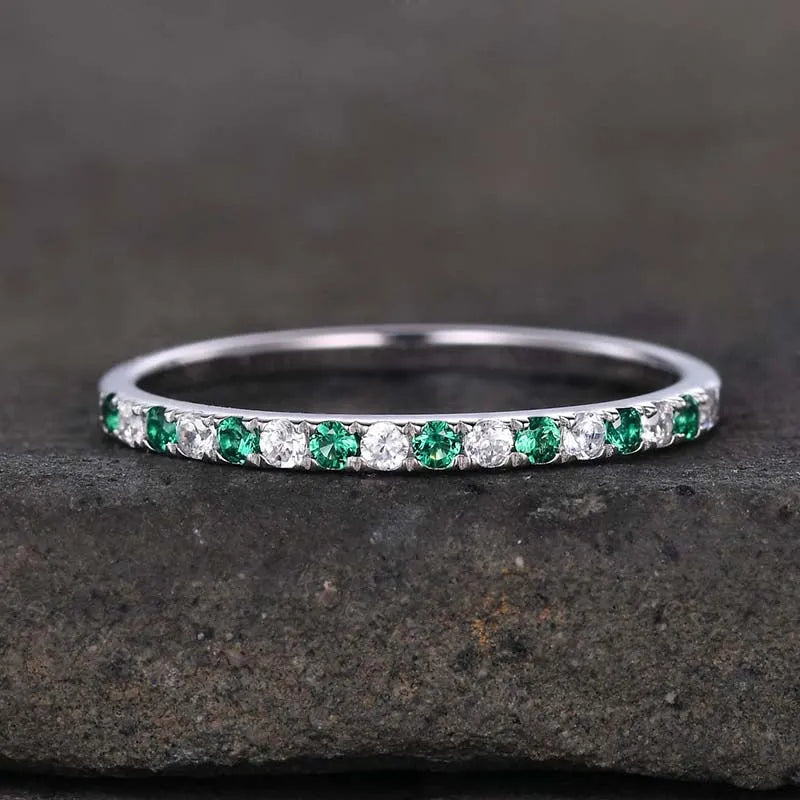 0.3Ct Green & White Sona Diamond Band, White Gold Plated Sterling Silver