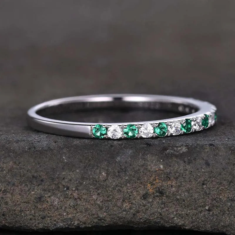 0.3Ct Green & White Sona Diamond Band, White Gold Plated Sterling Silver