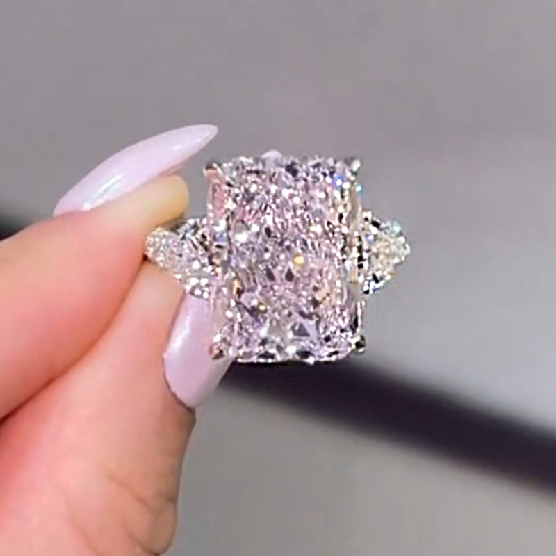 5 Carat Pink Radiant-Cut Simulated Diamond Ring with Heart Stones
