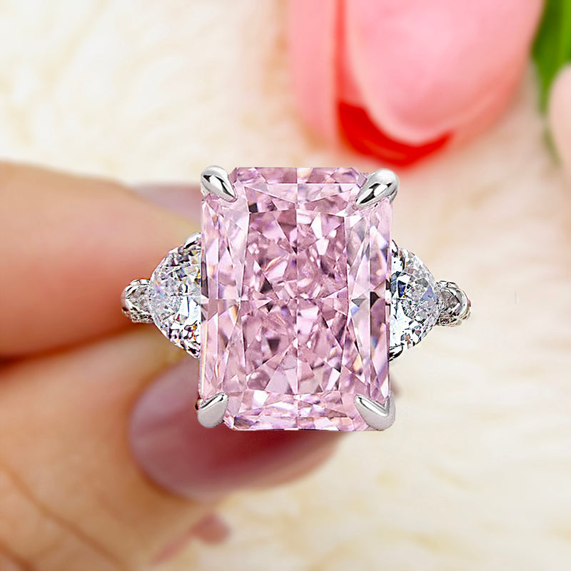 5 Carat Pink Radiant-Cut Simulated Diamond Ring with Heart Stones
