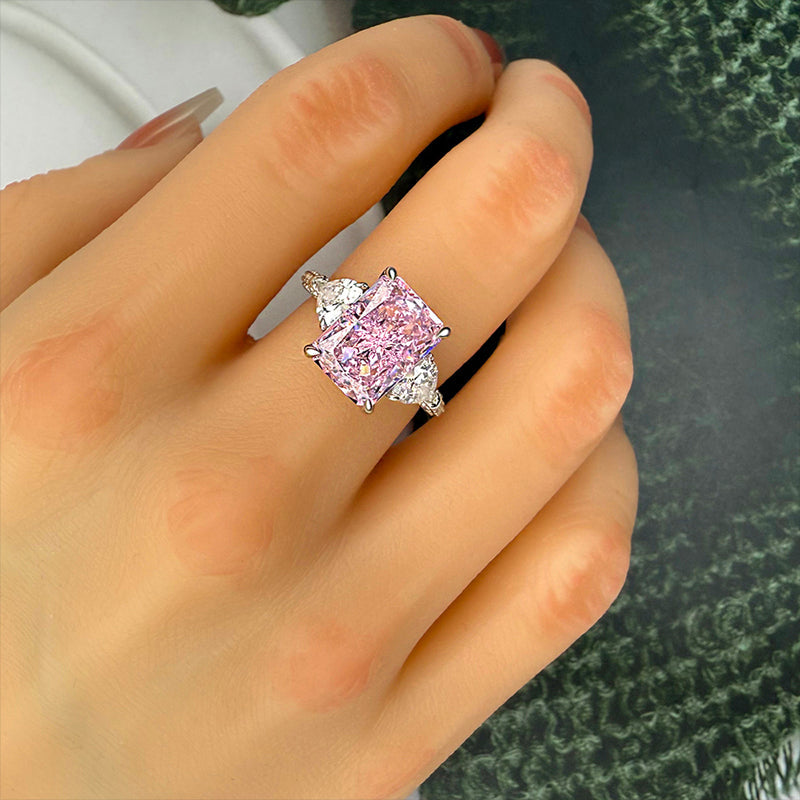 5 Carat Pink Radiant-Cut Simulated Diamond Ring with Heart Stones