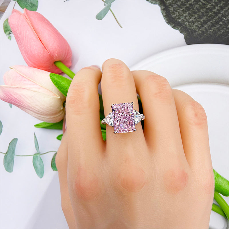 5 Carat Pink Radiant-Cut Simulated Diamond Ring with Heart Stones