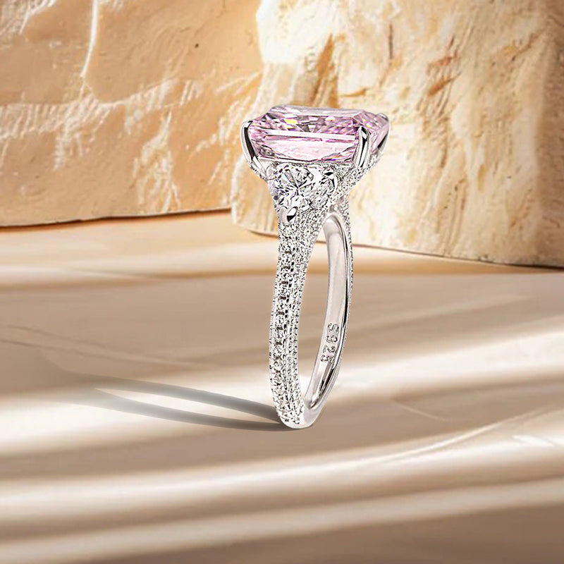 5 Carat Pink Radiant-Cut Simulated Diamond Ring with Heart Stones