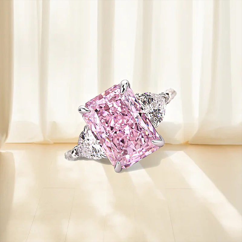5 Carat Pink Radiant-Cut Simulated Diamond Ring with Heart Stones