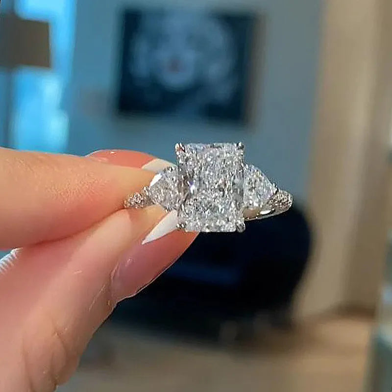 5 Carat White Radiant-Cut Simulated Diamond Ring with Heart Stones