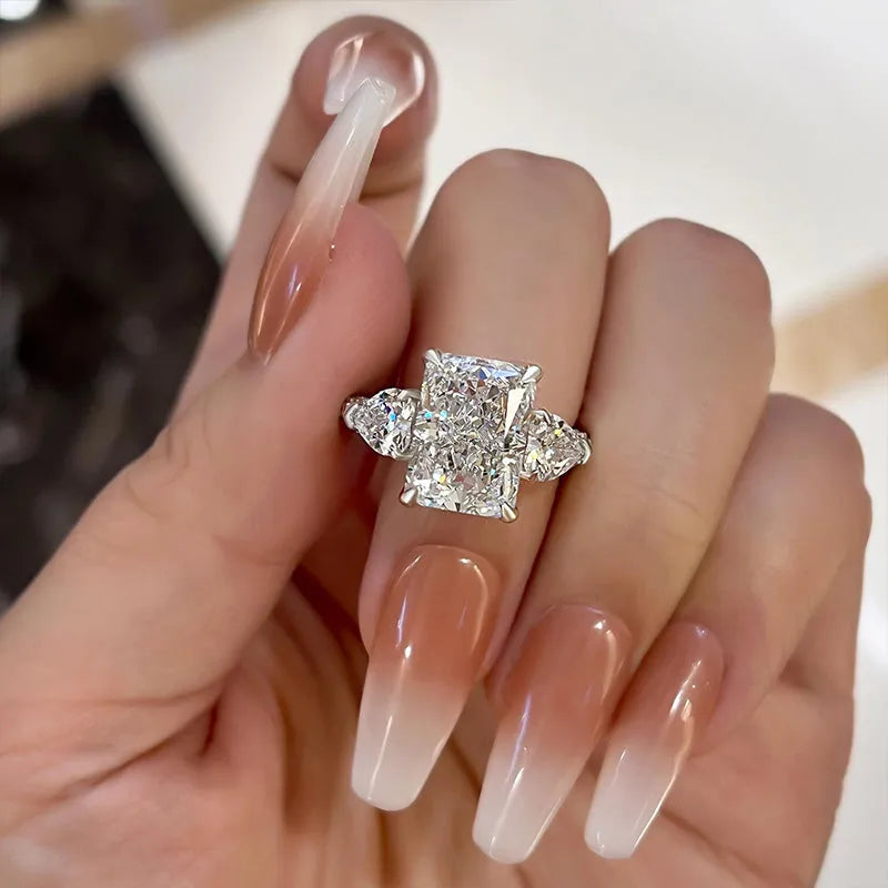 5 Carat White Radiant-Cut Simulated Diamond Ring with Heart Stones