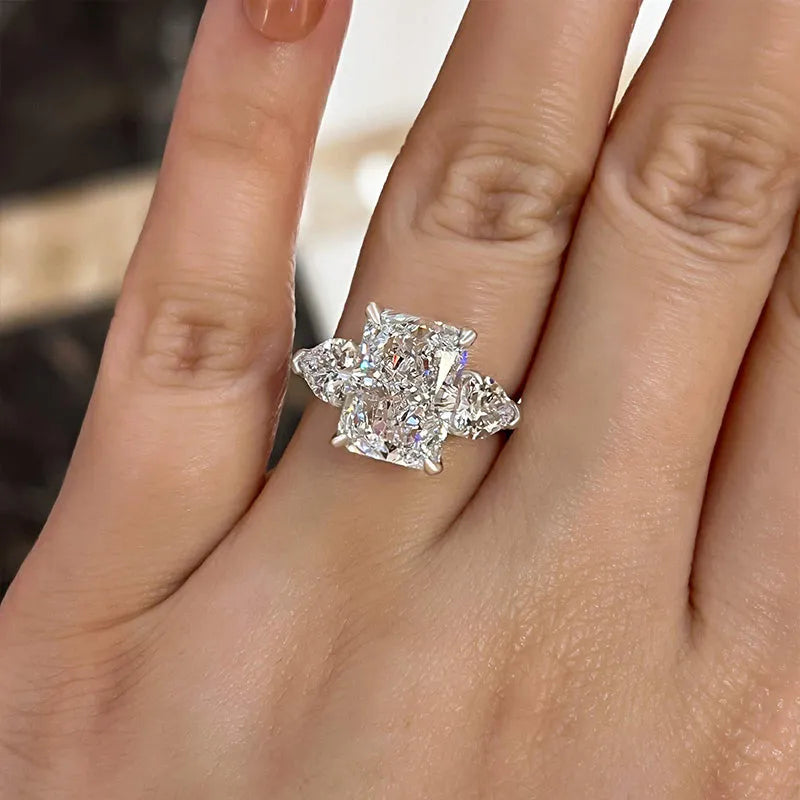 5 Carat White Radiant-Cut Simulated Diamond Ring with Heart Stones