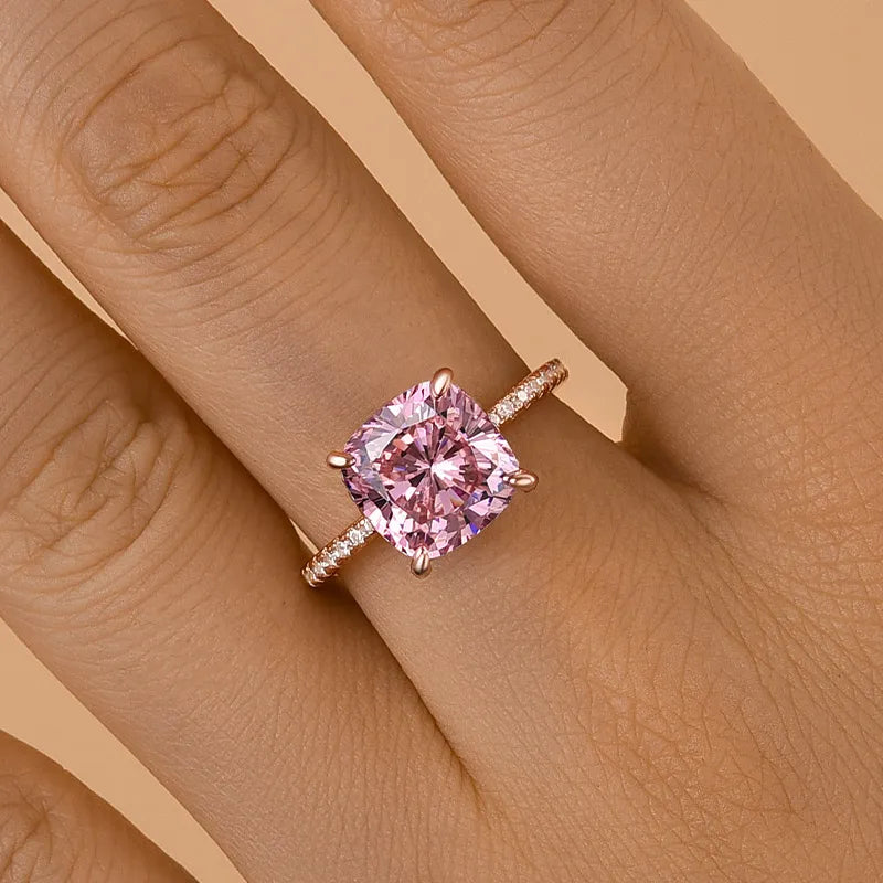 3.5Ct Pink Cushion Sona Diamond Rose Gold Double Halo Engagement Ring