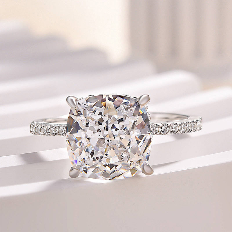 White Gold Plated Cushion Cut Simulated Diamond Double Halo Ring